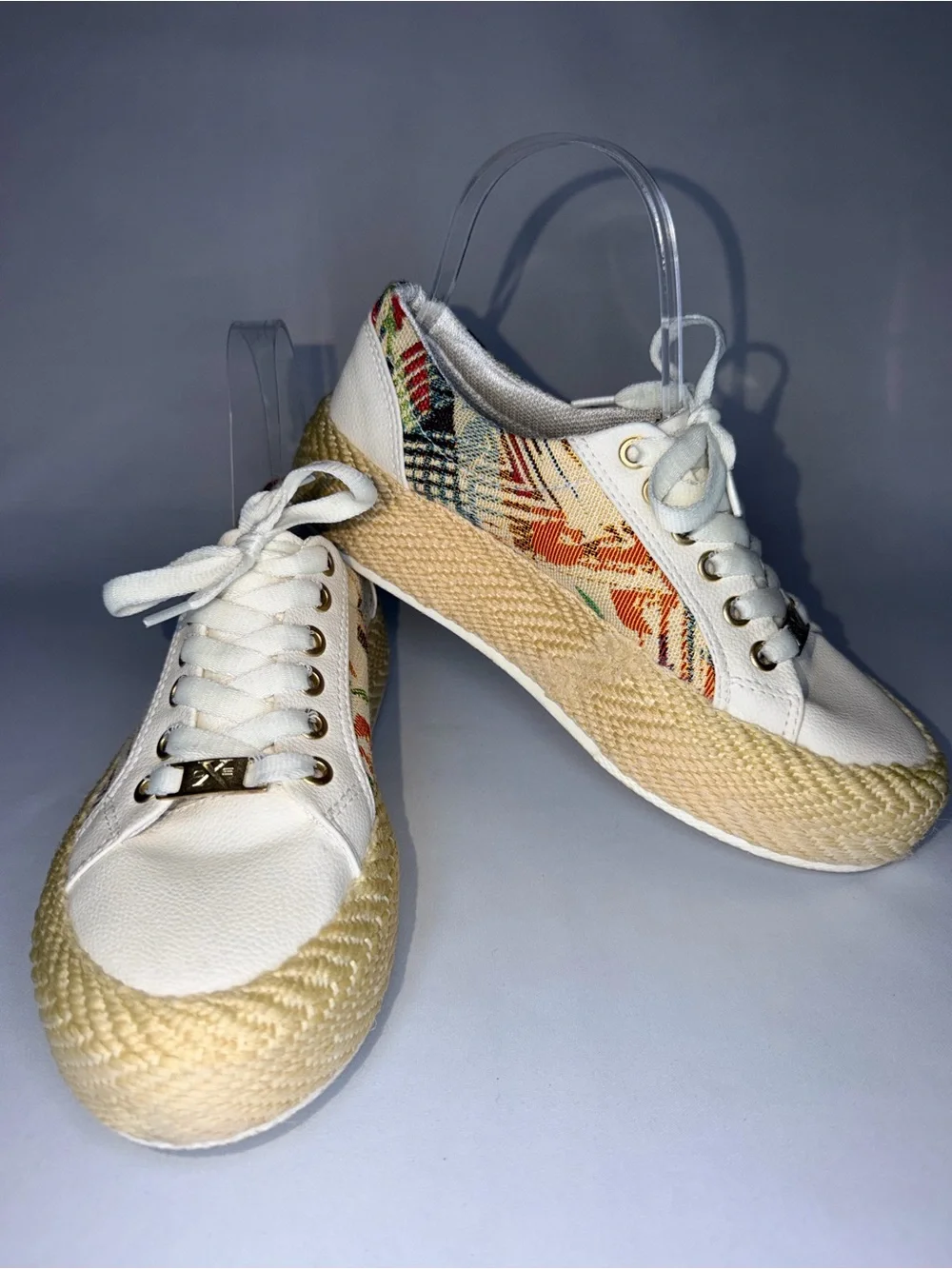 White Espadrille Lace-Up Sneakers with Tribal Accents